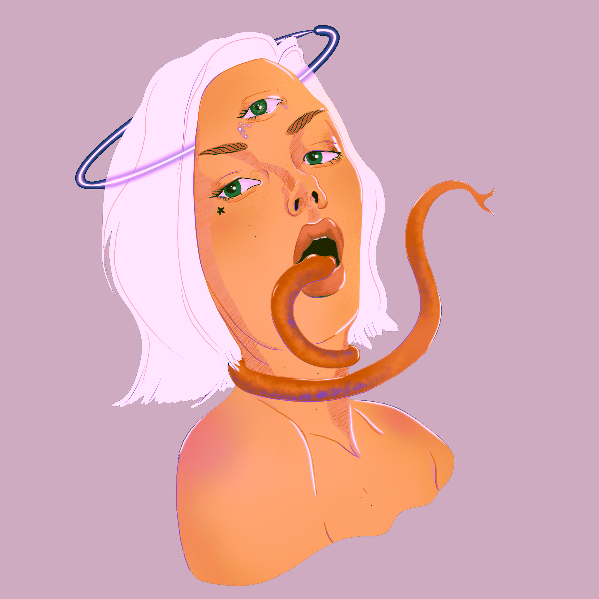 Ilustración digital de Daniela Monsalve: figura femenina se ahorca con su propia lengua convertida en serpiente, mientras lágrimas brotan de su tercer ojo. Obra que explora la dualidad del lenguaje como poder creador y destructor