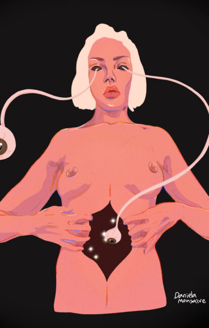 Ilustración digital de Daniela Monsalve: figura femenina abre su torso para mostrar un ojo conectado al interior, mientras otro ojo flota unido a su rostro. Obra contemporánea sobre el autoconocimiento, la mirada interior y la transformación personal.