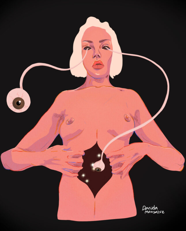 Ilustración digital de Daniela Monsalve: figura femenina abre su torso para mostrar un ojo conectado al interior, mientras otro ojo flota unido a su rostro. Obra contemporánea sobre el autoconocimiento, la mirada interior y la transformación personal.