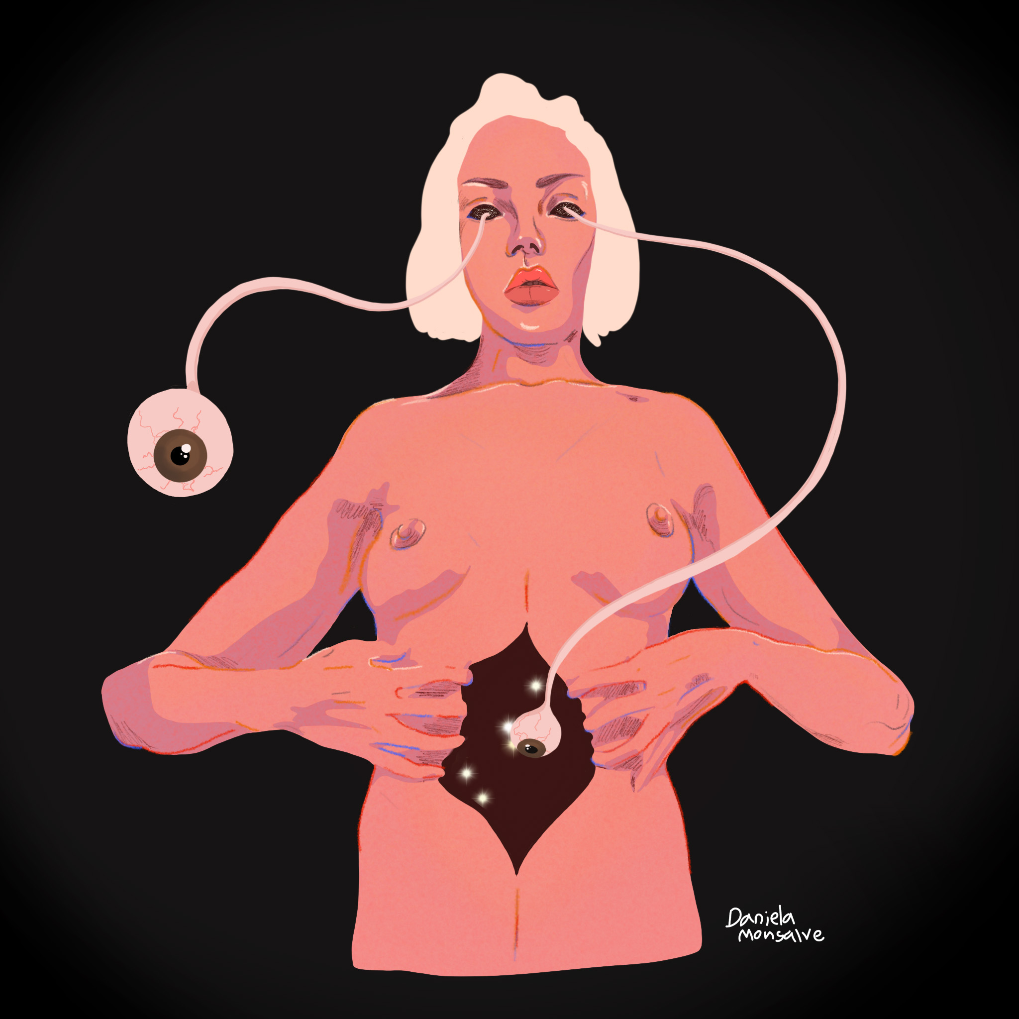 Ilustración digital de Daniela Monsalve: figura femenina abre su torso para mostrar un ojo conectado al interior, mientras otro ojo flota unido a su rostro. Obra contemporánea sobre el autoconocimiento, la mirada interior y la transformación personal.